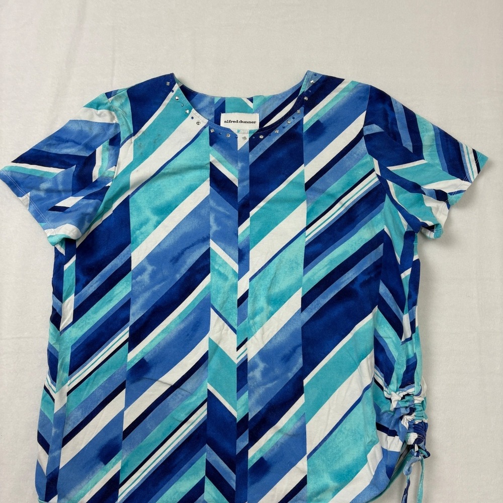 Alfred Dunner Blue White Jeweled Chevron Ruched Side Top Womens Medium N2
